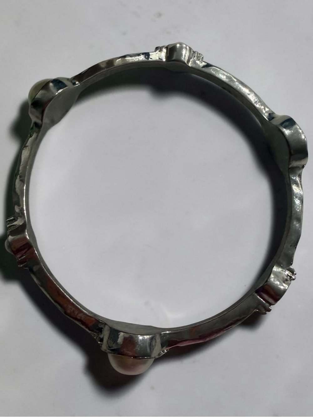 Silver Pearl Accent Bangle Bracelet - White Faux Pearls